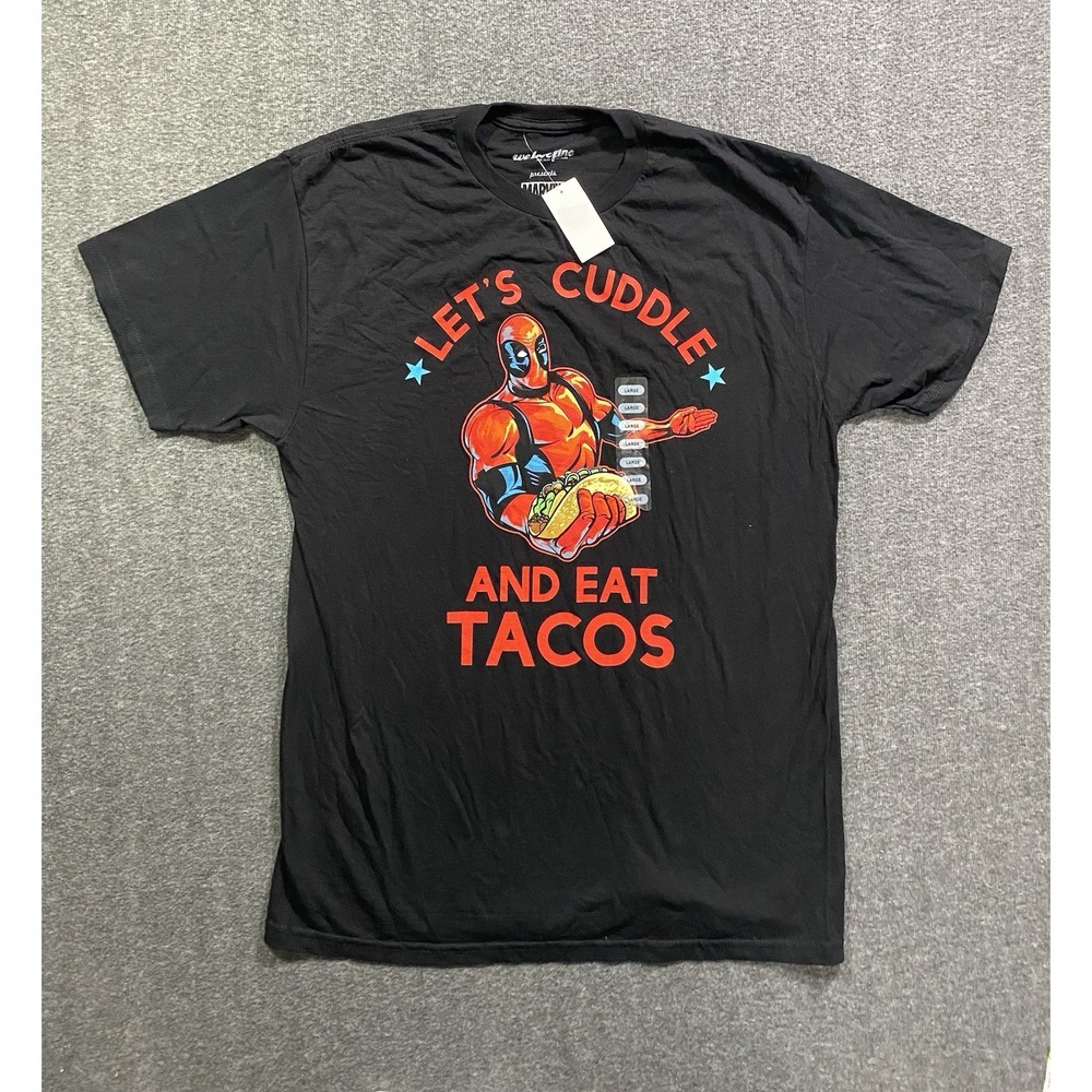 Marvel Deadpool Let's Cuddle and Eat Tacos Graphic T-Shirt Black Size L